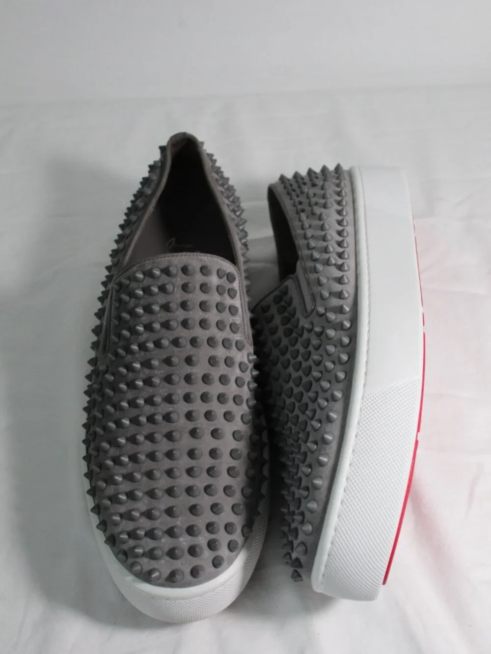 NEW Christian Louboutin Spikeboat Slip On Sneakers Grey Boat Shoes Mens 48